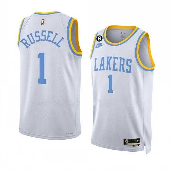 Mens Los Angeles Lakers #1 DAngelo Russell 2022-23 White Classic Edition With No.6 Patch Stitched Basketball Jersey Dzhi